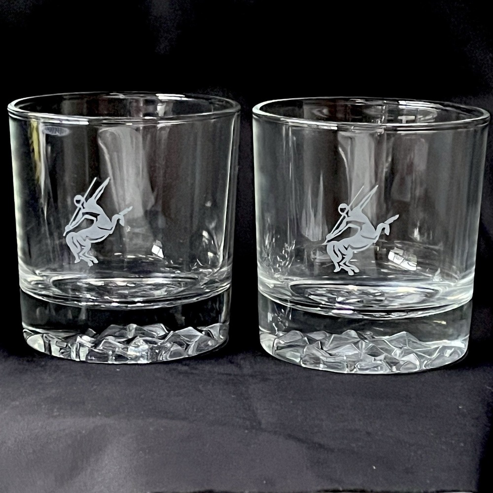 2 MCM Rocks Bar Glasses w Centaur Lowball Whiskey Tumblers Ice Textured Base